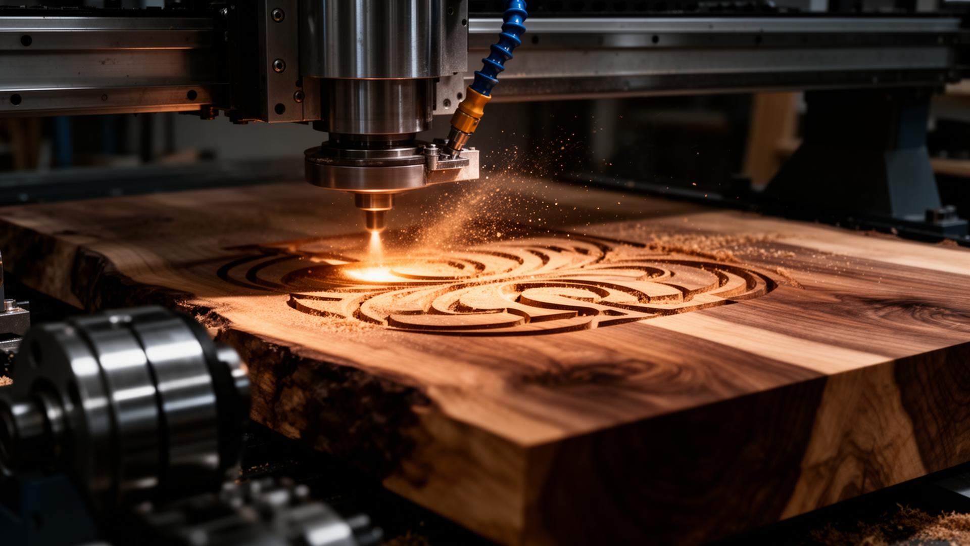CNC router cutting an intricate pattern into walnut wood